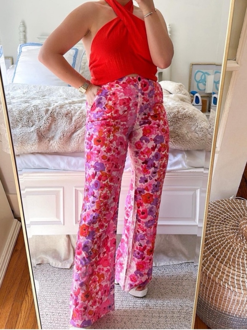 H&M trousers with a vibrant pink and purple floral watercolor print. Size 12